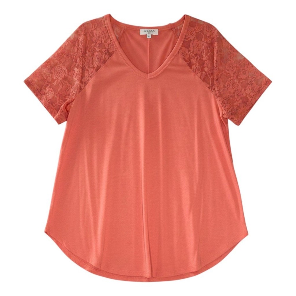 Zenana Lace Sleeve V-Neck Top Coral - Size 1X (NEW) - Picture 1 of 6